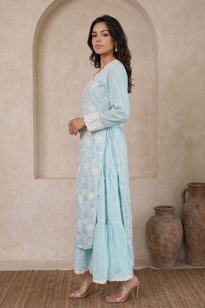 Wishful Blue Thread Embroidered Lace Tencel Straight Dress with Churidar and Dupatta Set