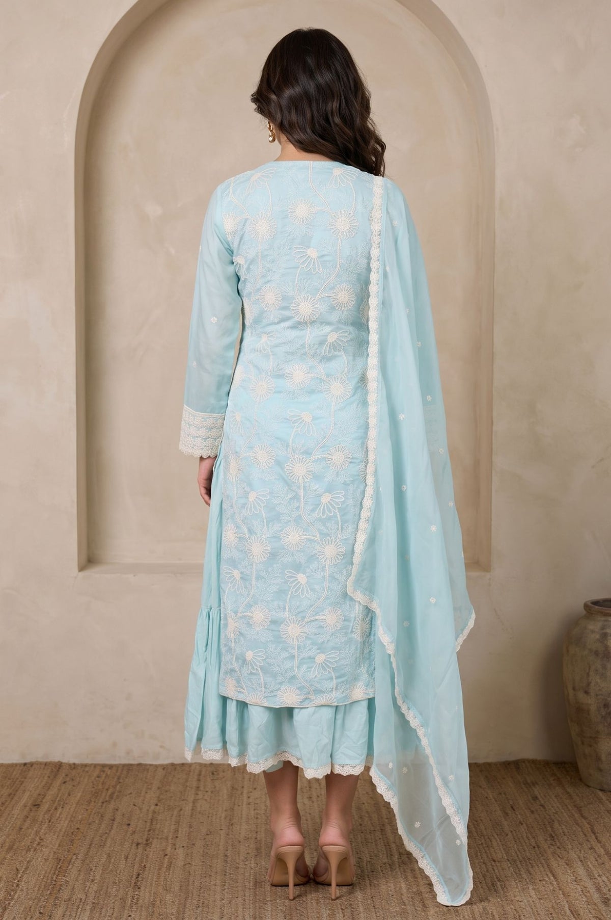 Wishful Blue Thread Embroidered Lace Tencel Straight Dress with Churidar and Dupatta Set