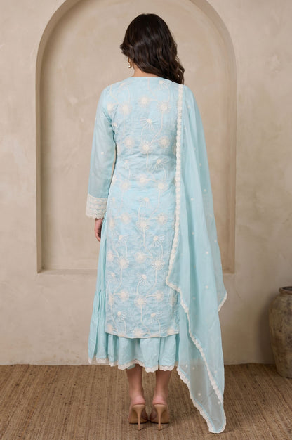 Wishful Blue Thread Embroidered Lace Tencel Straight Dress with Churidar and Dupatta Set