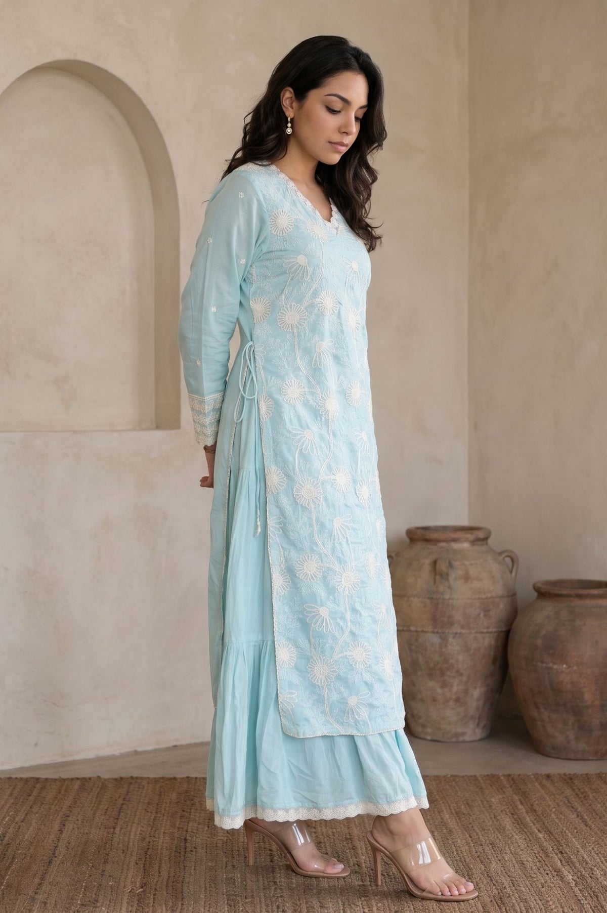Wishful Blue Thread Embroidered Lace Tencel Straight Dress with Churidar and Dupatta Set