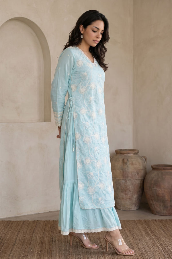 Wishful Blue Thread Embroidered Lace Tencel Straight Dress with Churidar and Dupatta Set