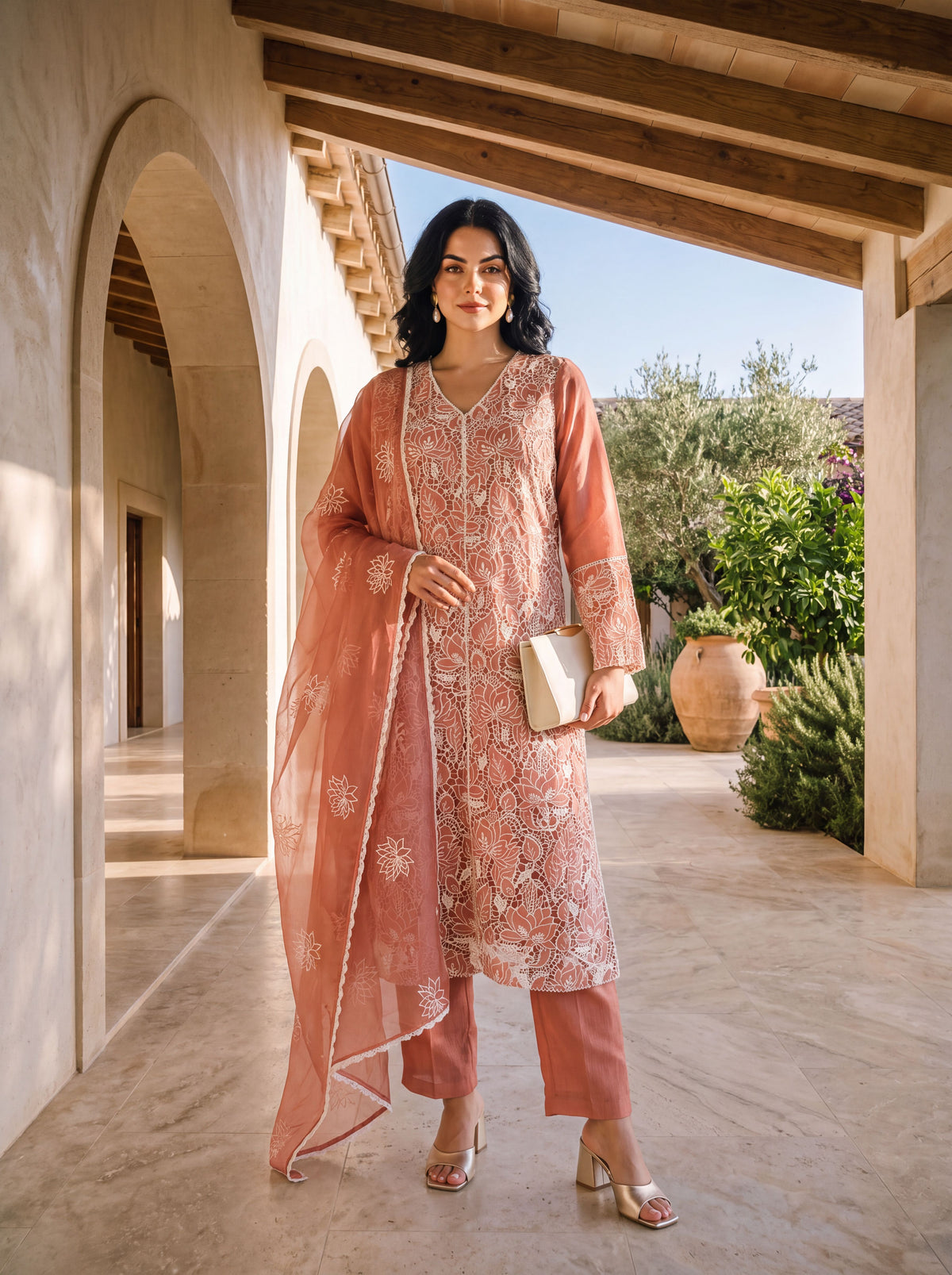 Peach Floral Thread Embroidered Chinon Straight Kurta with Straight Pants and Dupatta Set