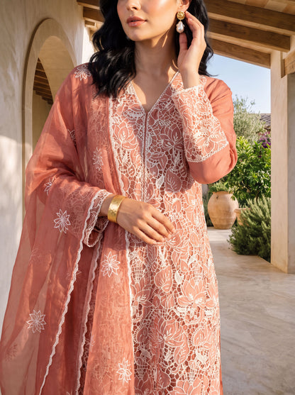 Peach Floral Thread Embroidered Chinon Straight Kurta with Straight Pants and Dupatta Set