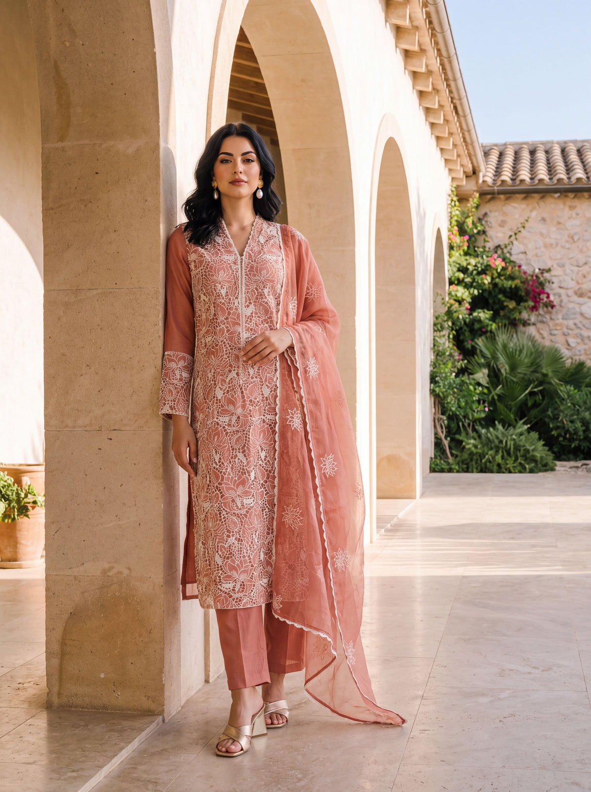 Peach Floral Thread Embroidered Chinon Straight Kurta with Straight Pants and Dupatta Set