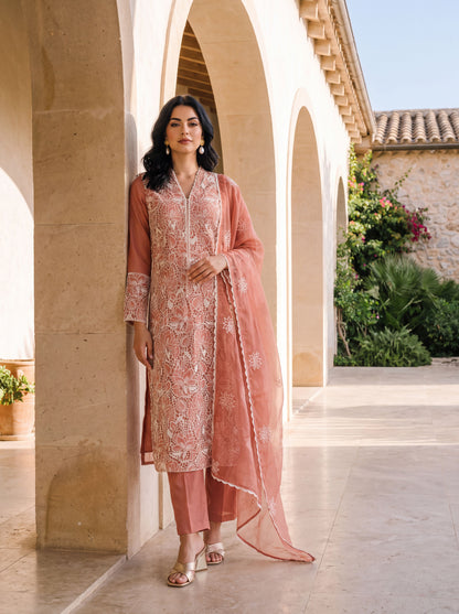Peach Floral Thread Embroidered Chinon Straight Kurta with Straight Pants and Dupatta Set