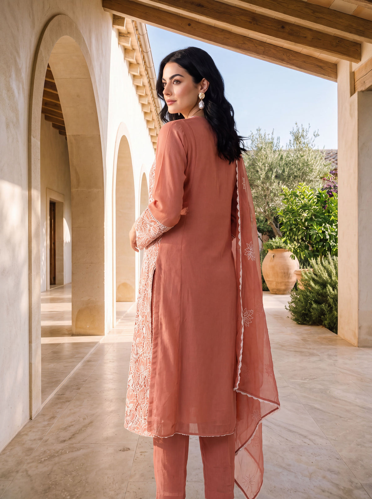 Peach Floral Thread Embroidered Chinon Straight Kurta with Straight Pants and Dupatta Set