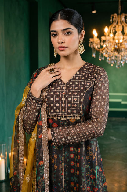 Wishful Coffee Brown Ombre Printed Sequins Organza A-line Kurta with Straight Pants and Dupatta Set