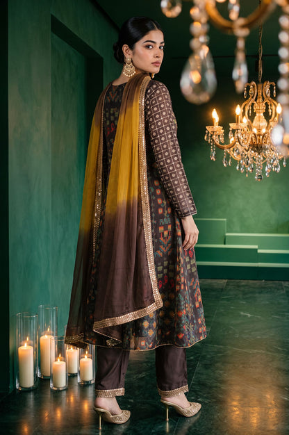Wishful Coffee Brown Ombre Printed Sequins Organza A-line Kurta with Straight Pants and Dupatta Set