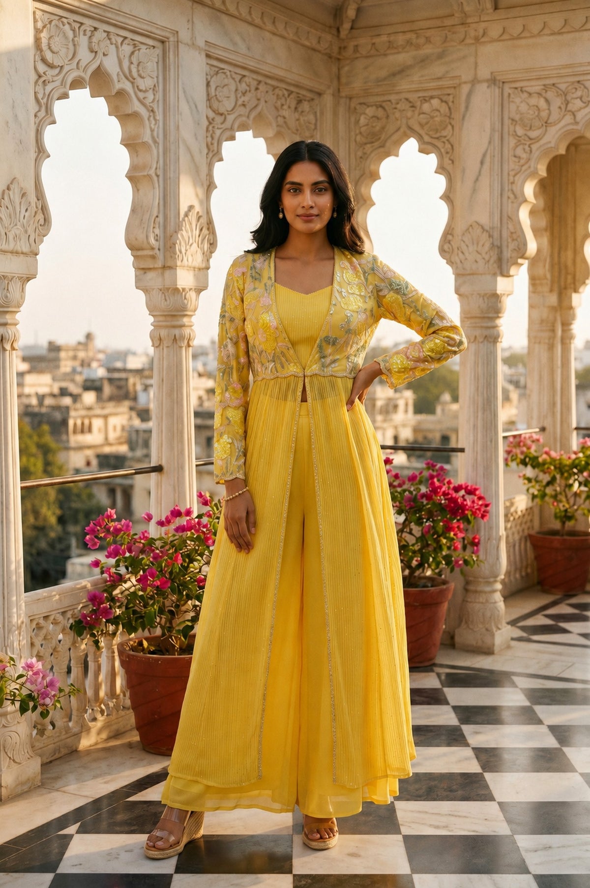 Yellow Embroidered Georgette Flared Jacket With Palazzo And Crop Top Set - S