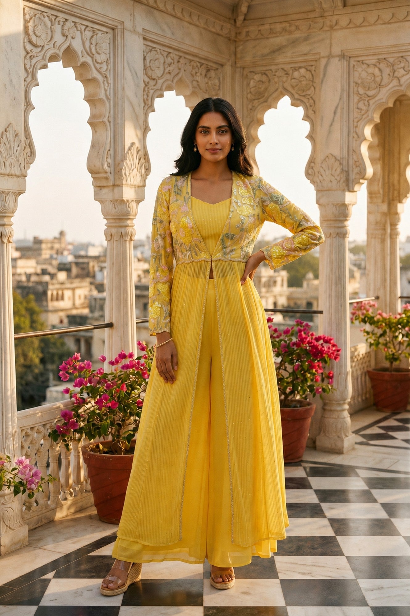 Yellow Embroidered Georgette Flared Jacket With Palazzo And Crop Top Set