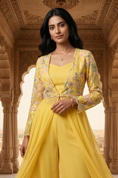 Yellow Embroidered Georgette Flared Jacket With Palazzo And Crop Top Set