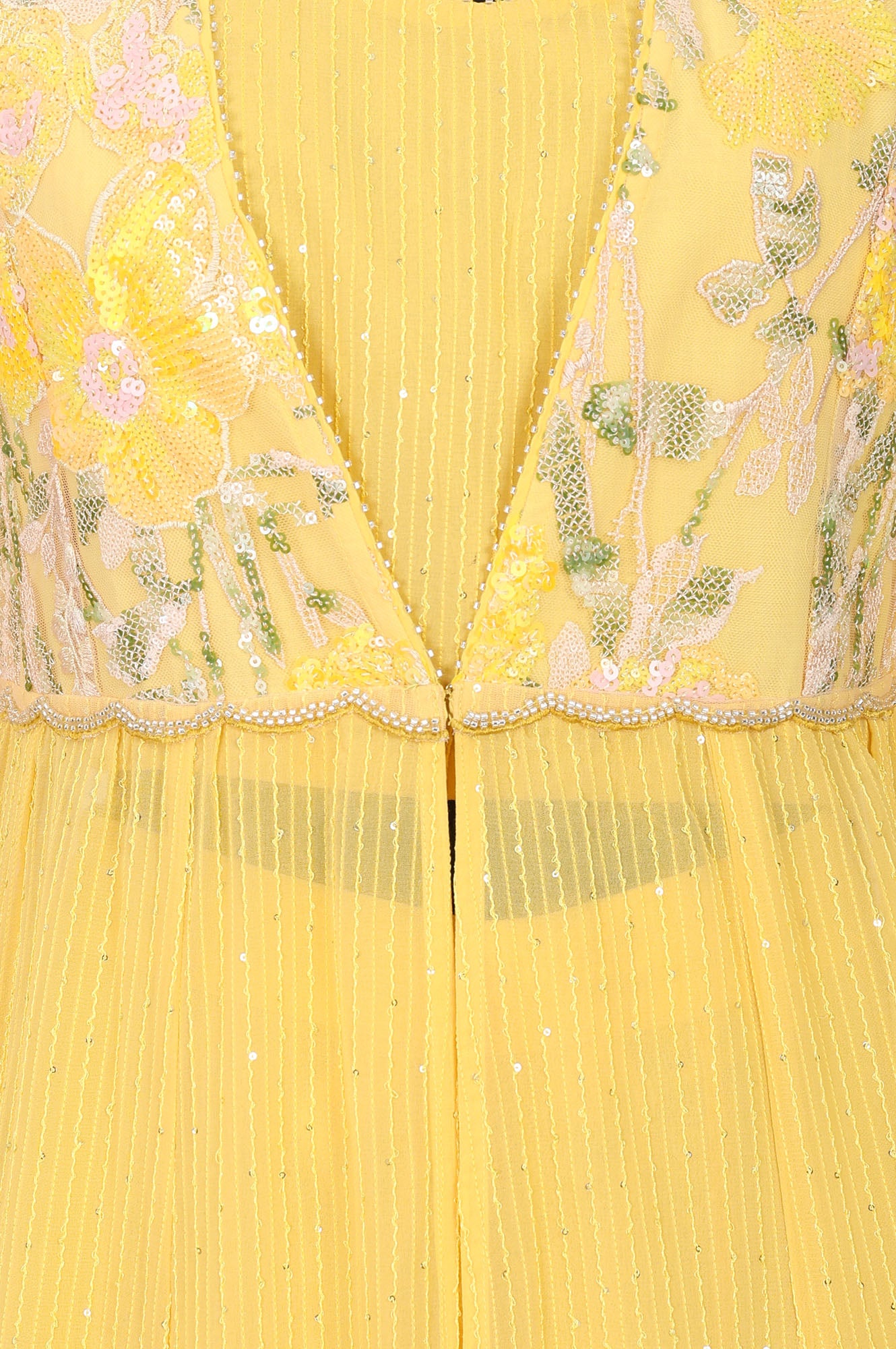Yellow Embroidered Georgette Flared Jacket With Palazzo And Crop Top Set
