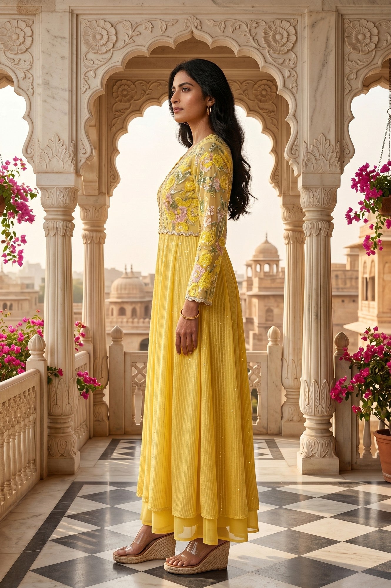 Yellow Embroidered Georgette Flared Jacket With Palazzo And Crop Top Set