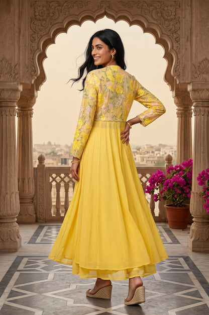 Yellow Embroidered Georgette Flared Jacket With Palazzo And Crop Top Set