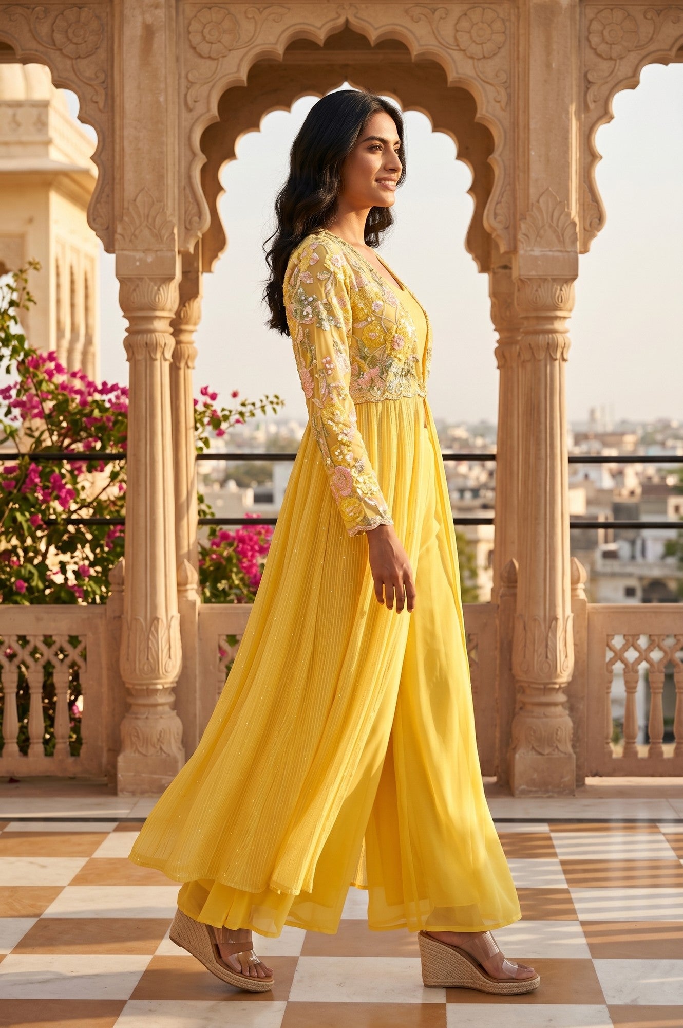 Yellow Embroidered Georgette Flared Jacket With Palazzo And Crop Top Set