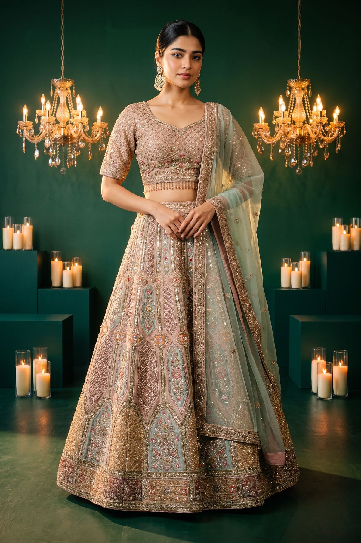 Wishful Peach Zari Embroidered Tissue A-line Blouse with Lehenga and Dupatta Set