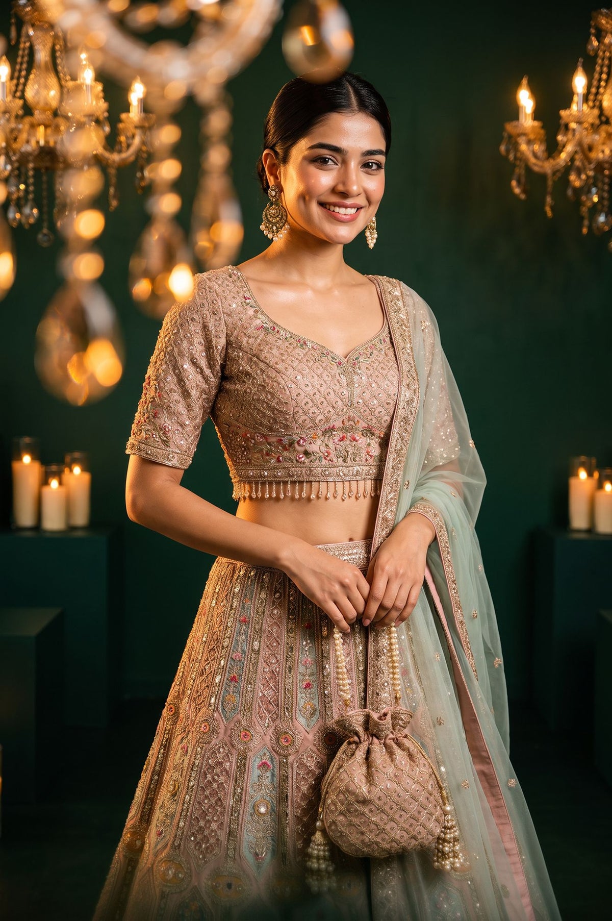 Wishful Peach Zari Embroidered Tissue A-line Blouse with Lehenga and Dupatta Set