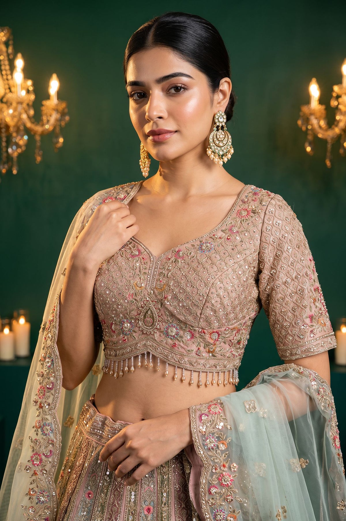 Wishful Peach Zari Embroidered Tissue A-line Blouse with Lehenga and Dupatta Set
