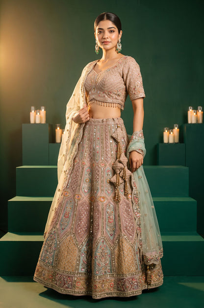 Wishful Peach Zari Embroidered Tissue A-line Blouse with Lehenga and Dupatta Set
