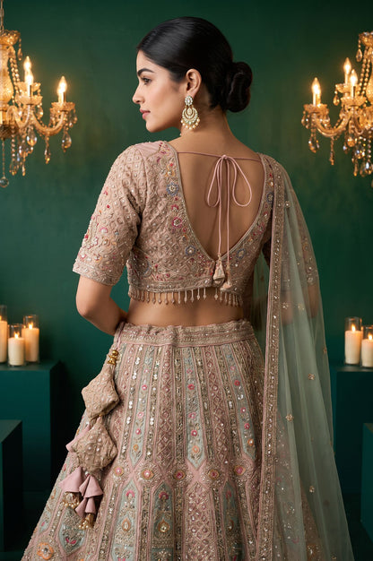 Wishful Peach Zari Embroidered Tissue A-line Blouse with Lehenga and Dupatta Set