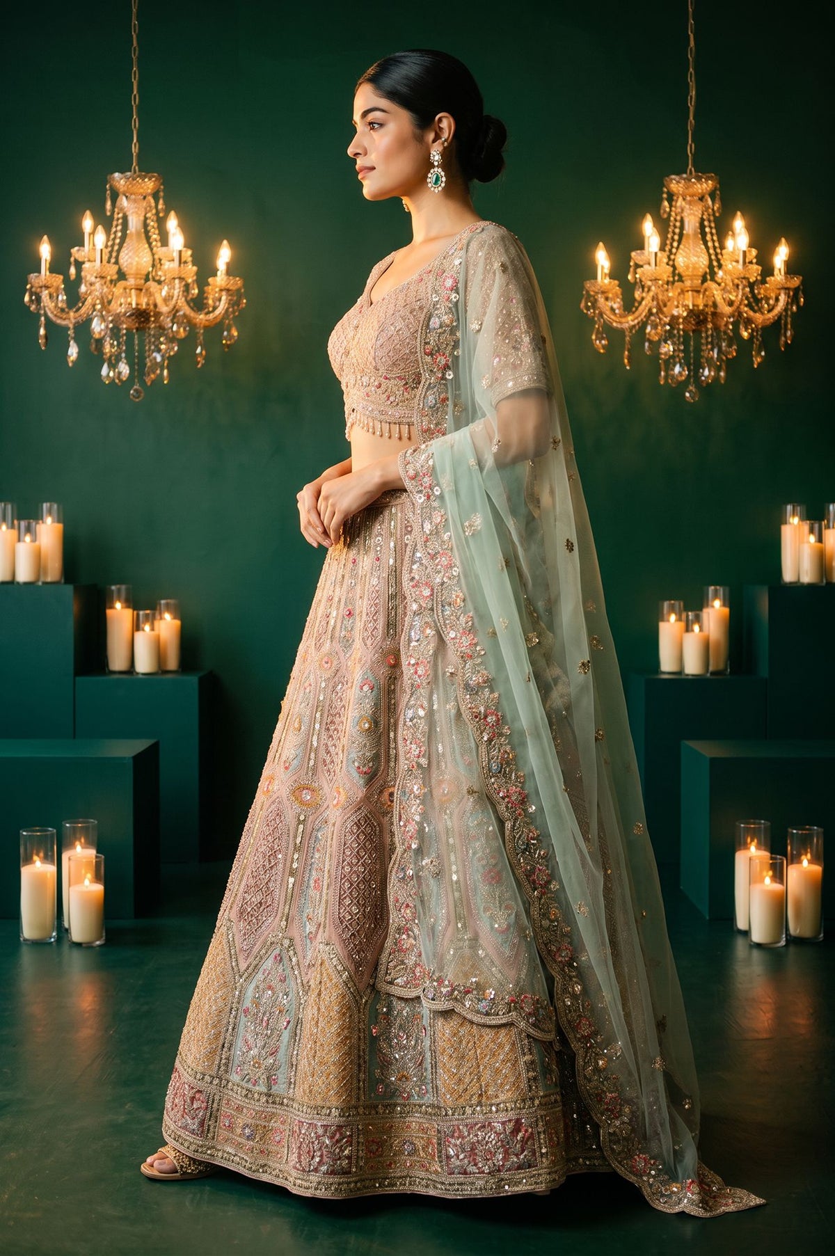 Wishful Peach Zari Embroidered Tissue A-line Blouse with Lehenga and Dupatta Set