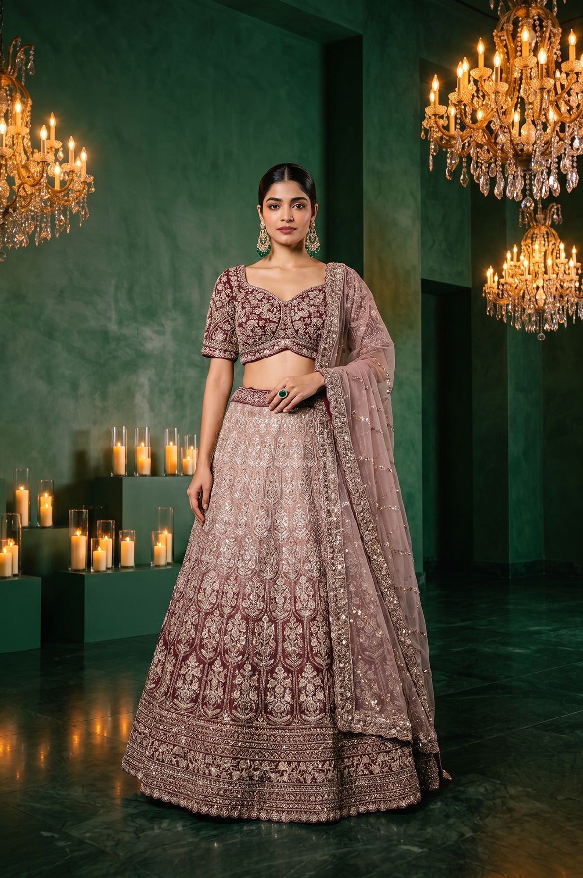 Maroon Zari Embroidered Tissue Blouse with Lehenga and Dupatta Set