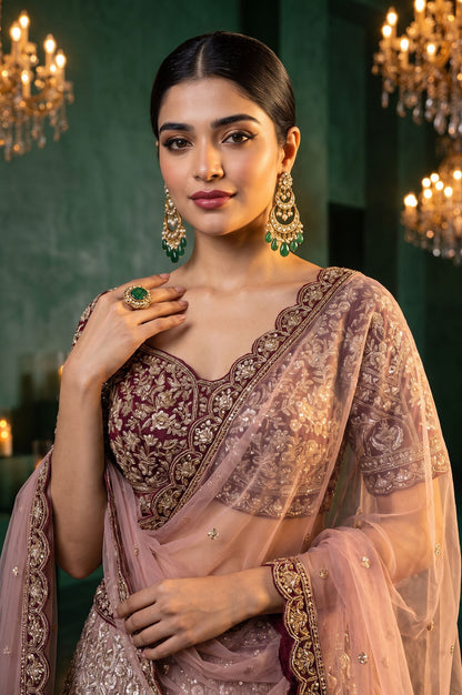 Maroon Zari Embroidered Tissue Blouse with Lehenga and Dupatta Set