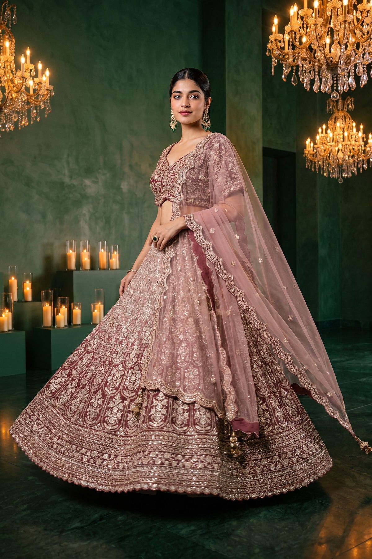 Maroon Zari Embroidered Tissue Blouse with Lehenga and Dupatta Set
