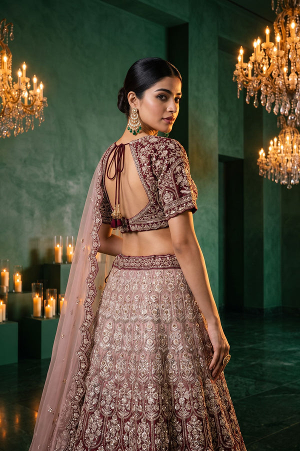 Maroon Zari Embroidered Tissue Blouse with Lehenga and Dupatta Set