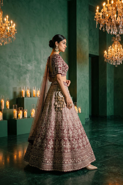 Maroon Zari Embroidered Tissue Blouse with Lehenga and Dupatta Set