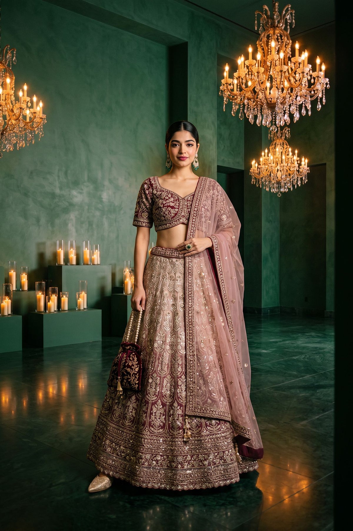 Maroon Zari Embroidered Tissue Blouse with Lehenga and Dupatta Set