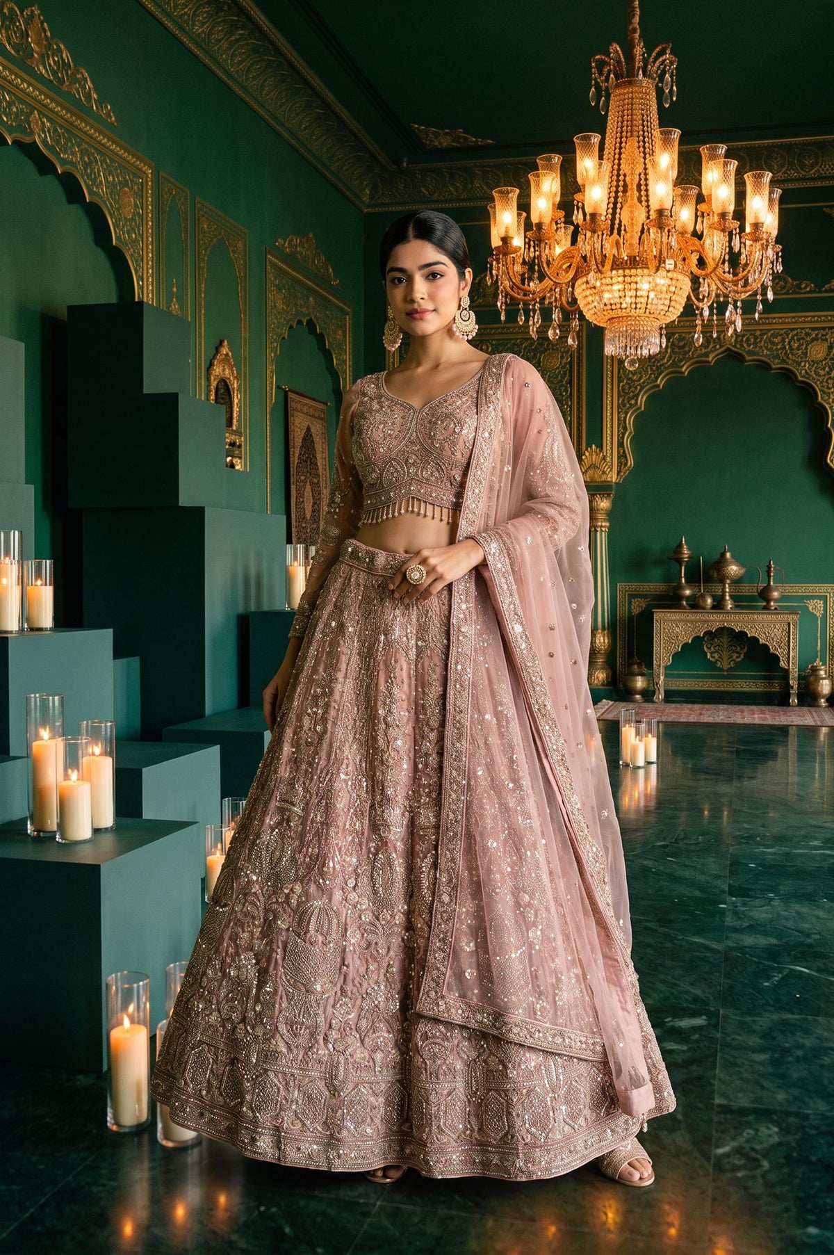 Wishful Pink Zari Embroidered Mesh Straight Blouse with Lehenga and Dupatta Set