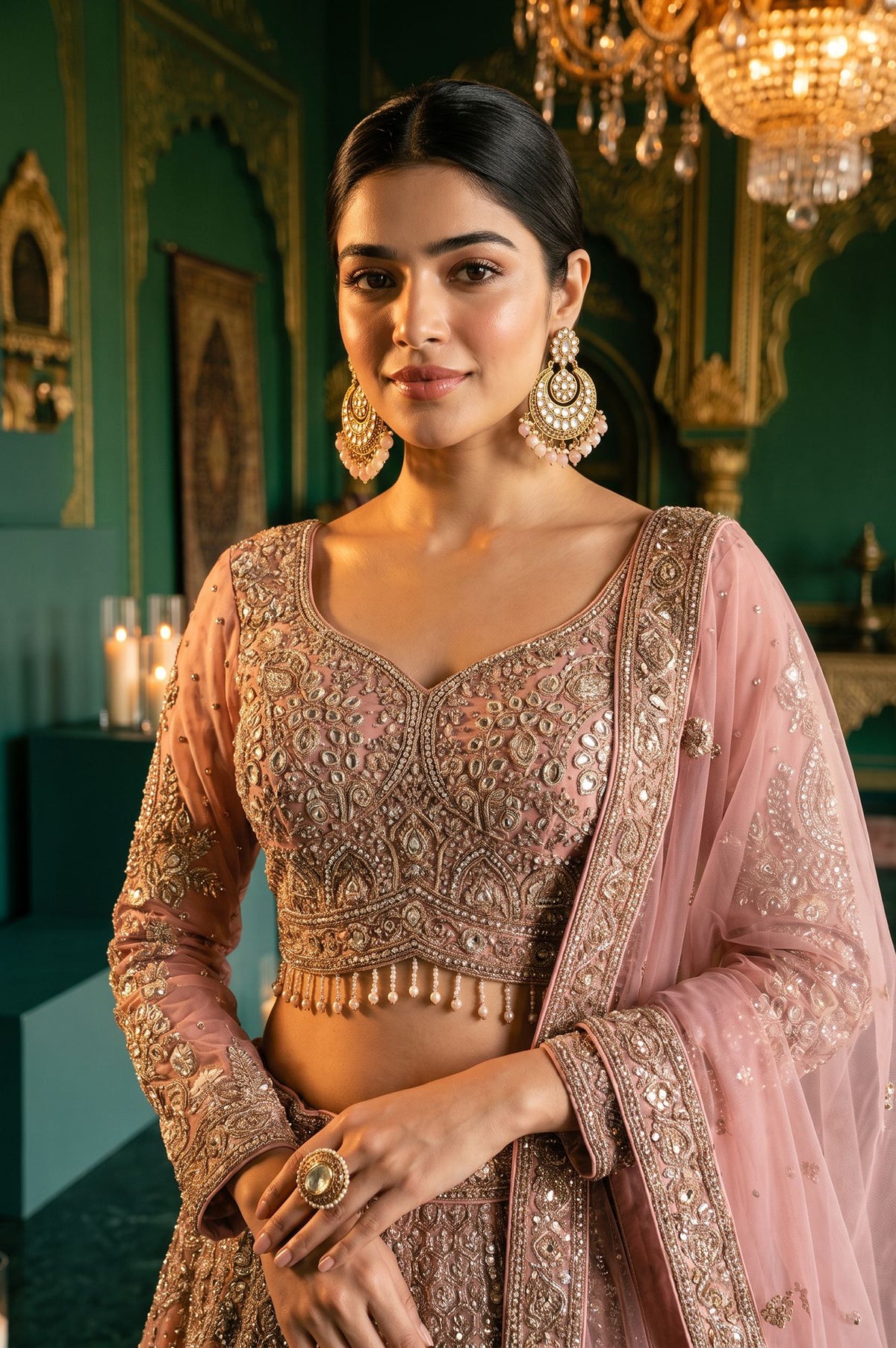 Wishful Pink Zari Embroidered Mesh Straight Blouse with Lehenga and Dupatta Set