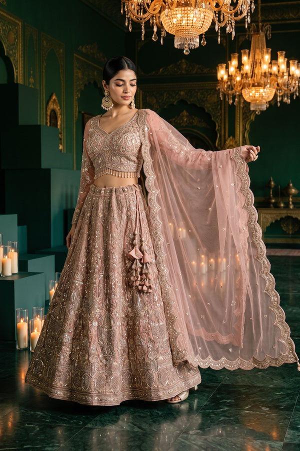 Wishful Pink Zari Embroidered Mesh Straight Blouse with Lehenga and Dupatta Set