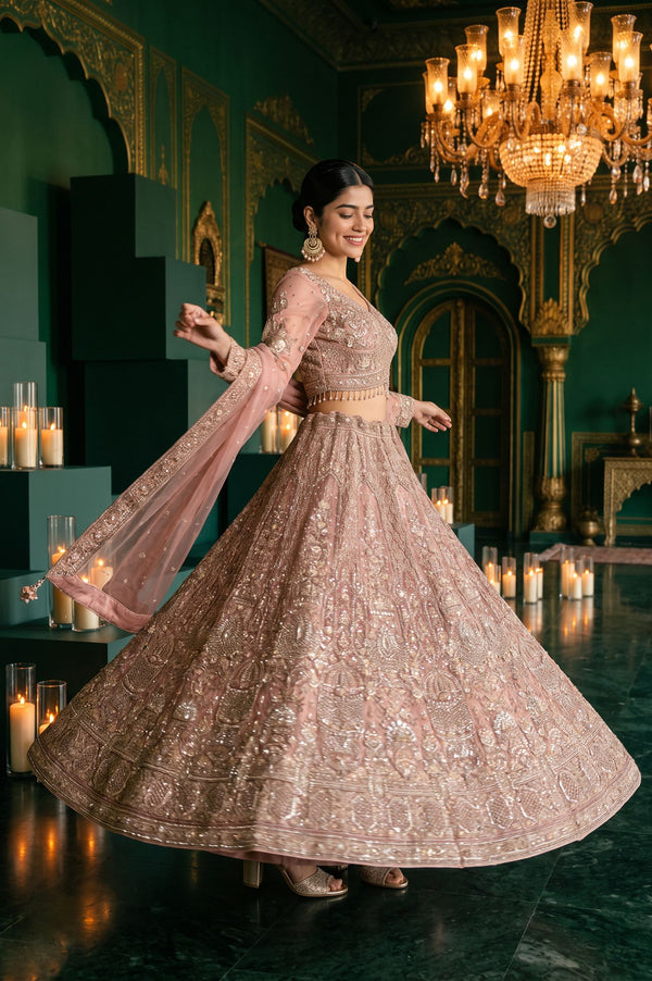 Wishful Pink Zari Embroidered Mesh Straight Blouse with Lehenga and Dupatta Set