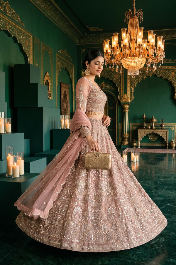 Wishful Pink Zari Embroidered Mesh Straight Blouse with Lehenga and Dupatta Set
