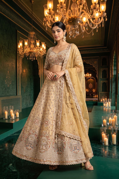 Wishful Gold Zari Embroidered Tissue Straight Blouse with Lehenga and Dupatta Set