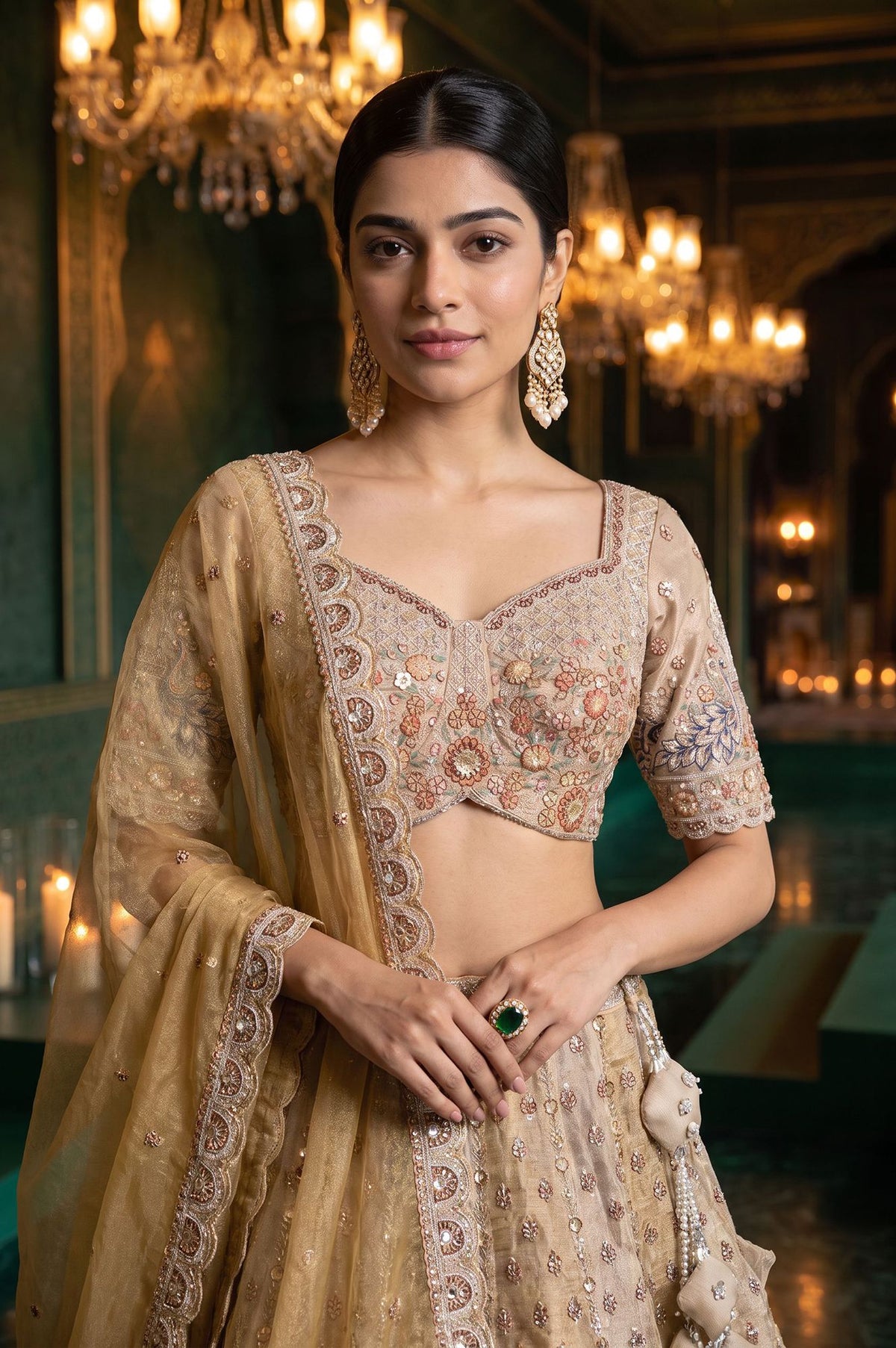 Wishful Gold Zari Embroidered Tissue Straight Blouse with Lehenga and Dupatta Set