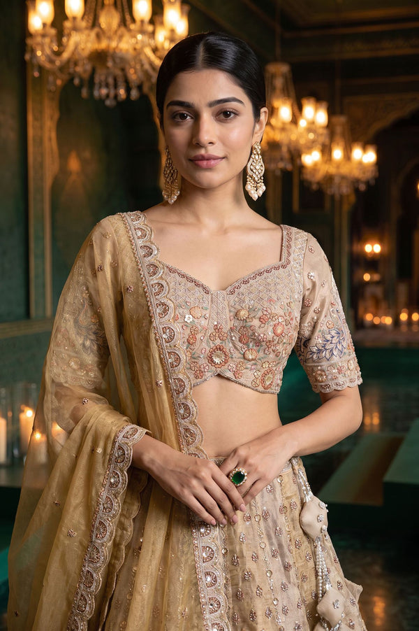 Wishful Gold Zari Embroidered Tissue Straight Blouse with Lehenga and Dupatta Set