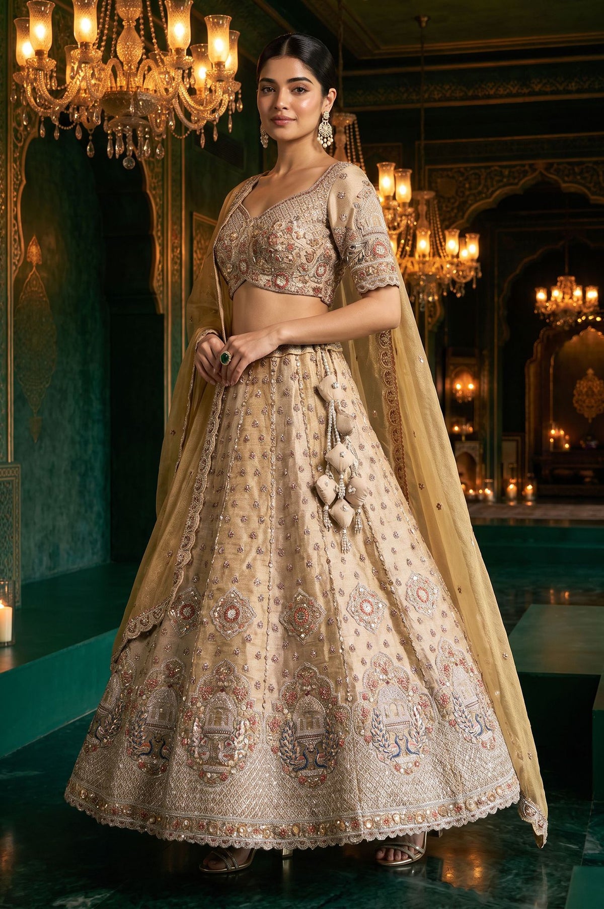Wishful Gold Zari Embroidered Tissue Straight Blouse with Lehenga and Dupatta Set