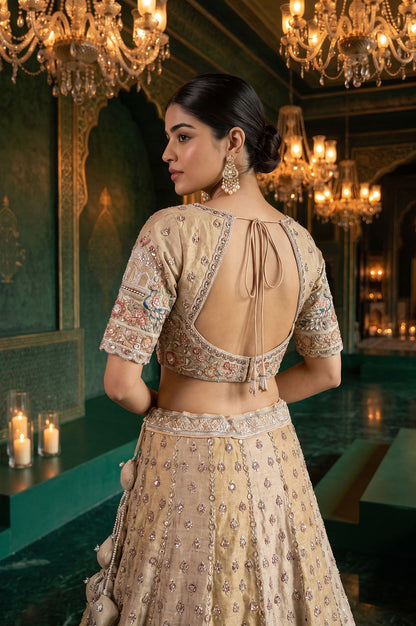 Wishful Gold Zari Embroidered Tissue Straight Blouse with Lehenga and Dupatta Set