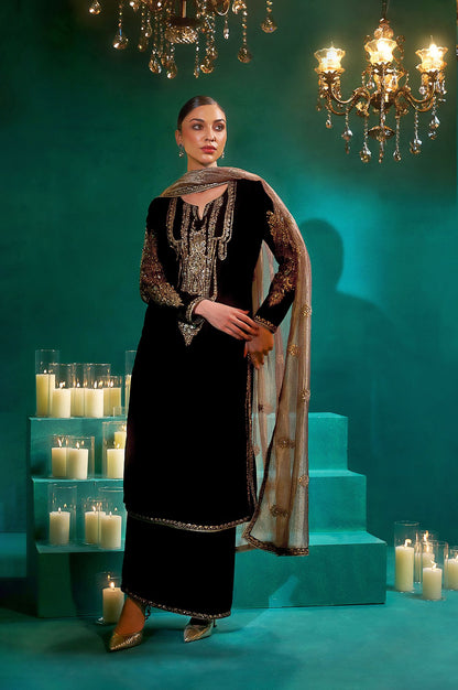 Wishful Black Zari Embroidered Velvet Straight Kurta with Parallel Pants and Dupatta Set