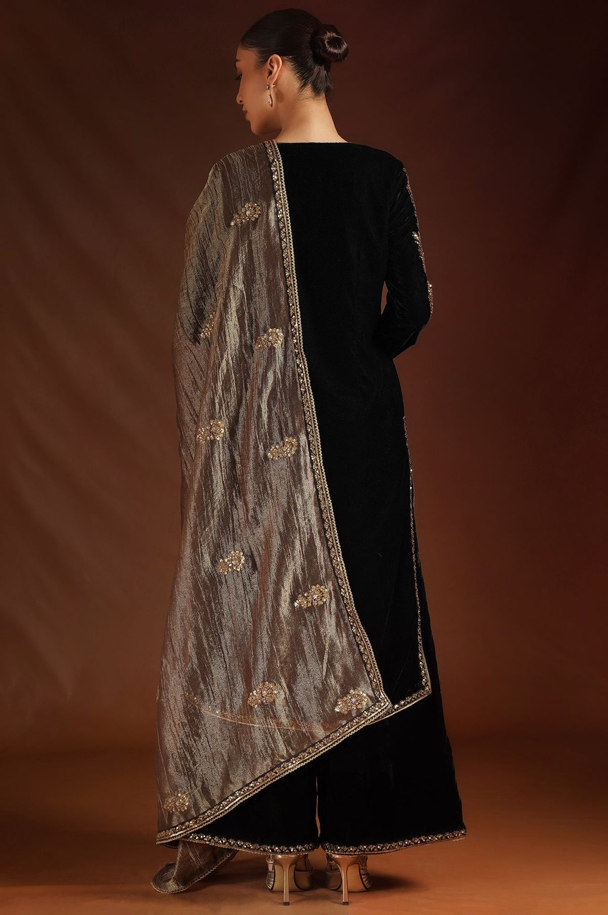 Wishful Black Zari Embroidered Velvet Straight Kurta with Parallel Pants and Dupatta Set