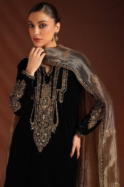Wishful Black Zari Embroidered Velvet Straight Kurta with Parallel Pants and Dupatta Set