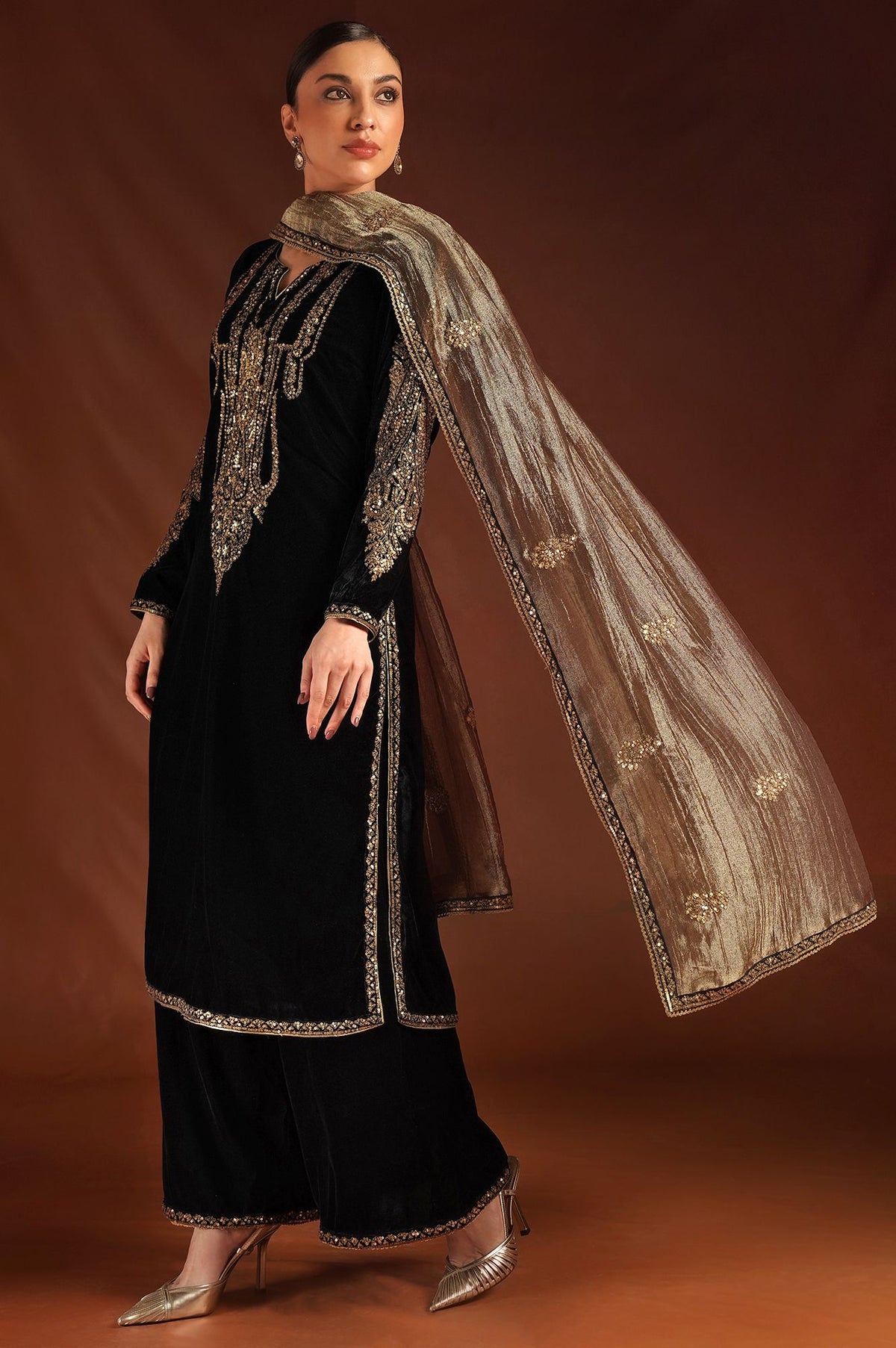 Wishful Black Zari Embroidered Velvet Straight Kurta with Parallel Pants and Dupatta Set