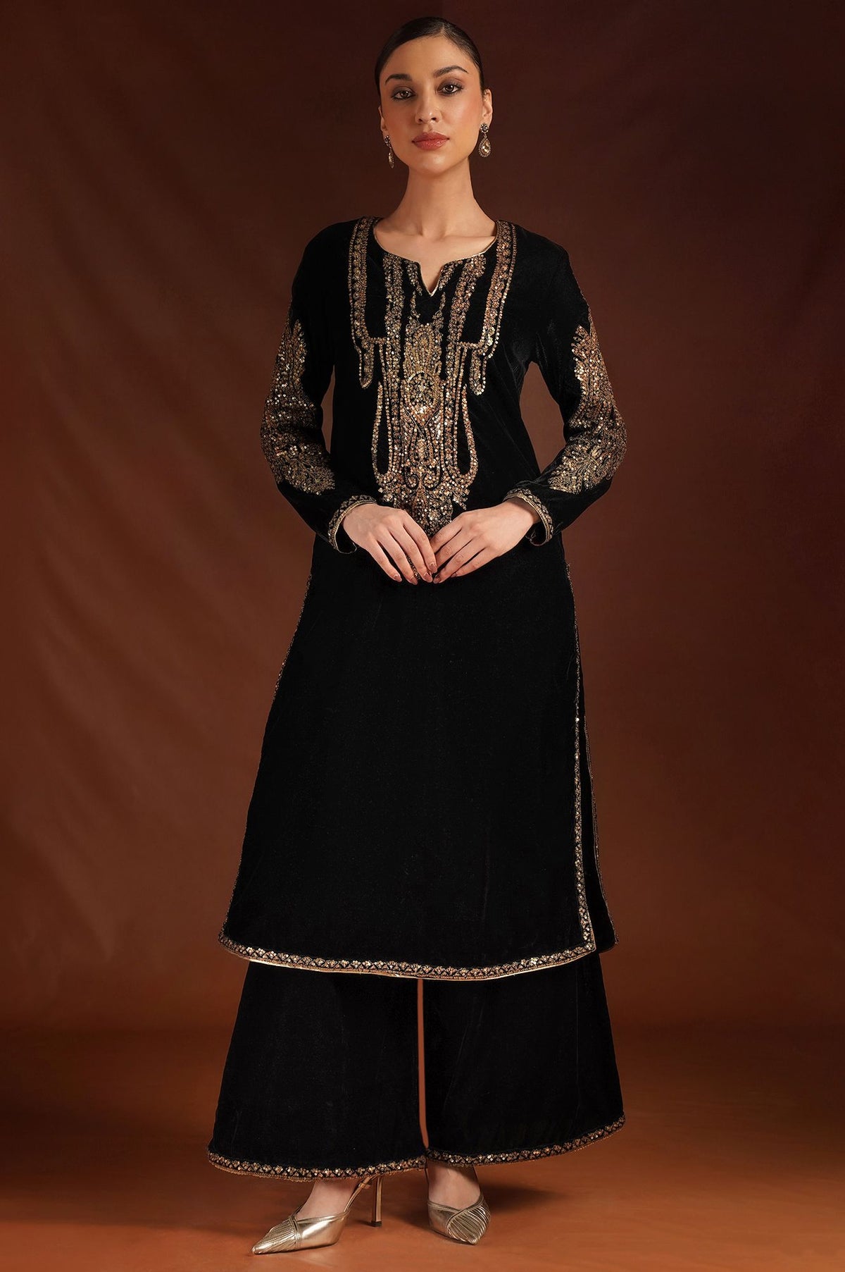 Wishful Black Zari Embroidered Velvet Straight Kurta with Parallel Pants and Dupatta Set
