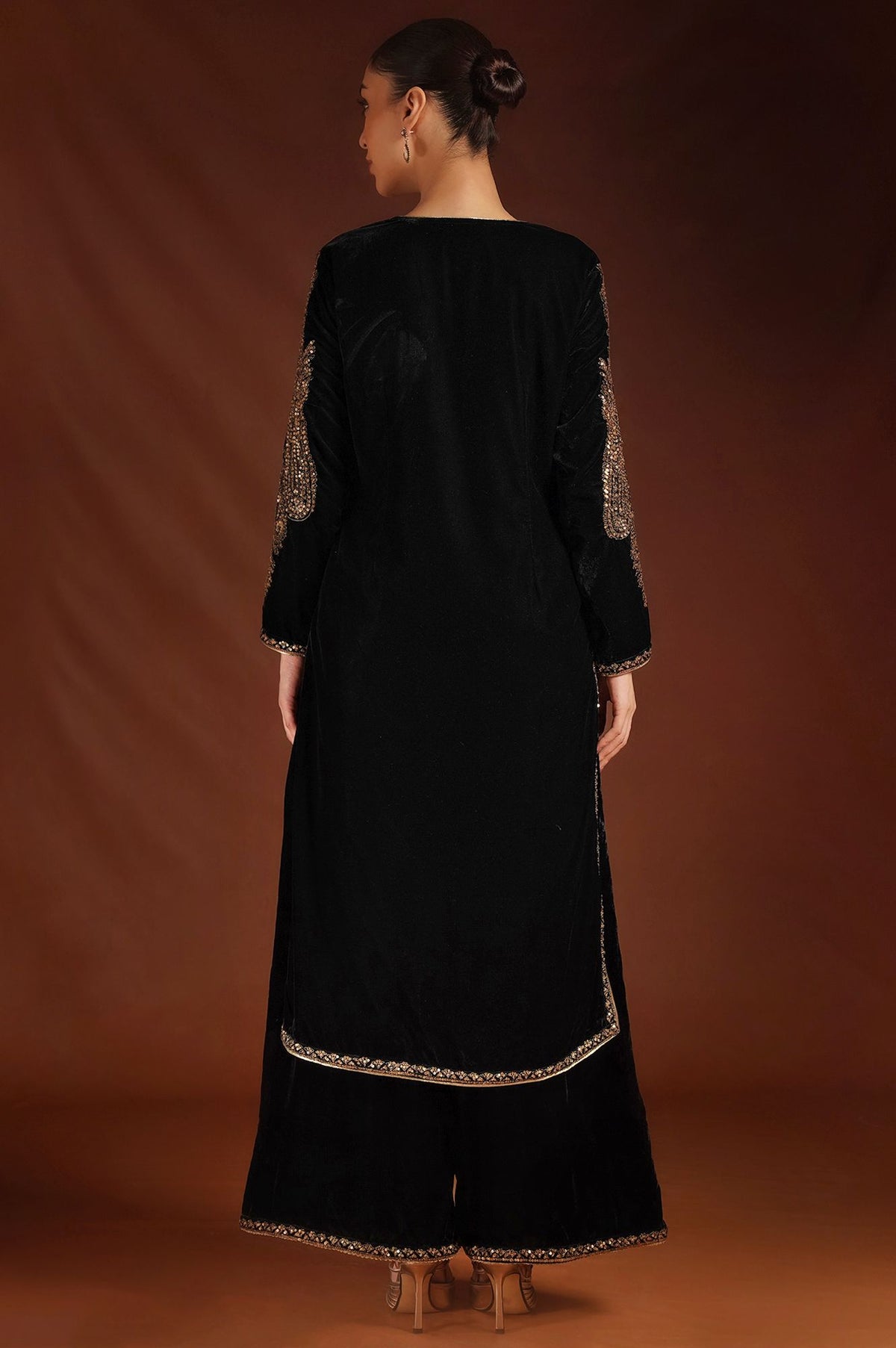 Wishful Black Zari Embroidered Velvet Straight Kurta with Parallel Pants and Dupatta Set