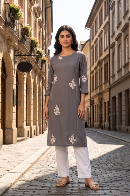 Grey Embroidered Rayon Straight Kurta