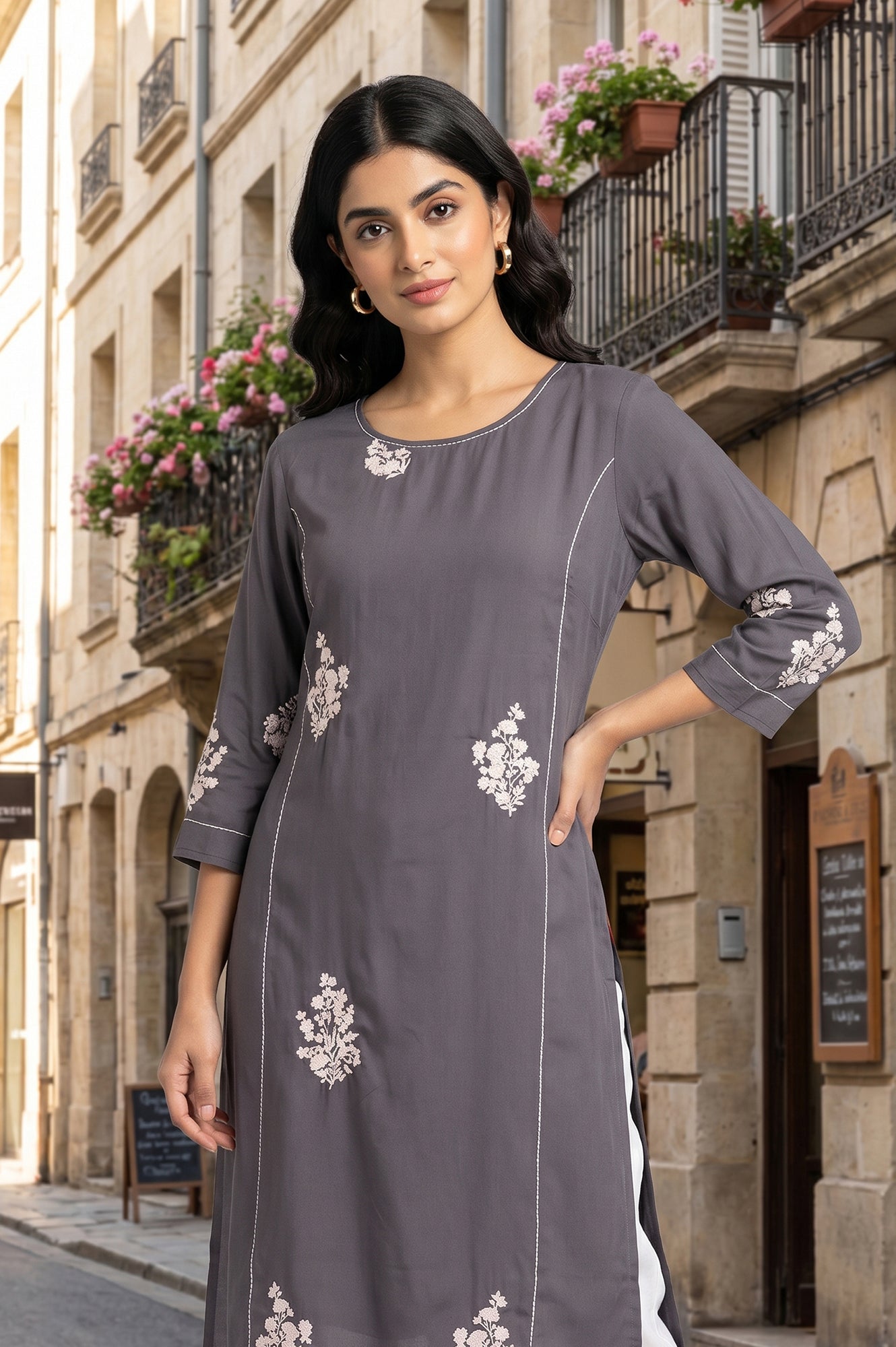 Grey Embroidered Rayon Straight Kurta