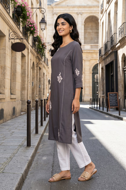 Grey Embroidered Rayon Straight Kurta